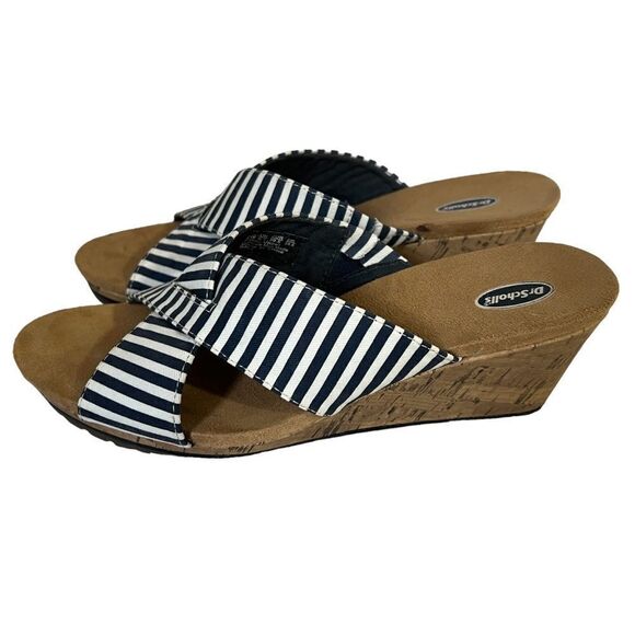 Dr. Scholl's Selma Wedge Sandals size 8.5 Navy/White Striped Fabric Cross Strap - Picture 5 of 7